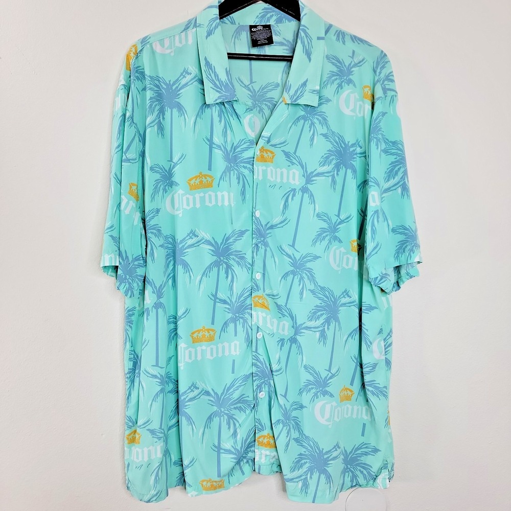 Corona Extra Men's Hawaiian Shirt 2XL Rayon Tropical Camp Beer Button Up Blue
